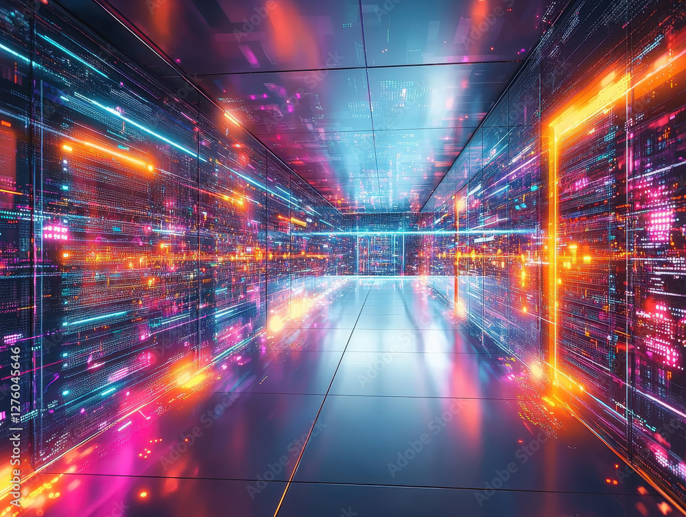 Fototapeta premium Complex AI-driven server farm with vibrant blockchain energy fields creating a secure digital environment in ultra-HD cinematic detail