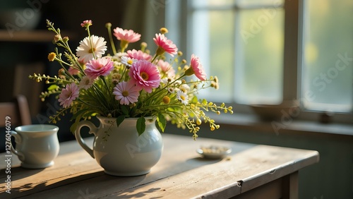 Wallpaper Mural Delicate wildflowers adorn a worn wooden table amidst fading porcelain and wisps of morning fog. Torontodigital.ca