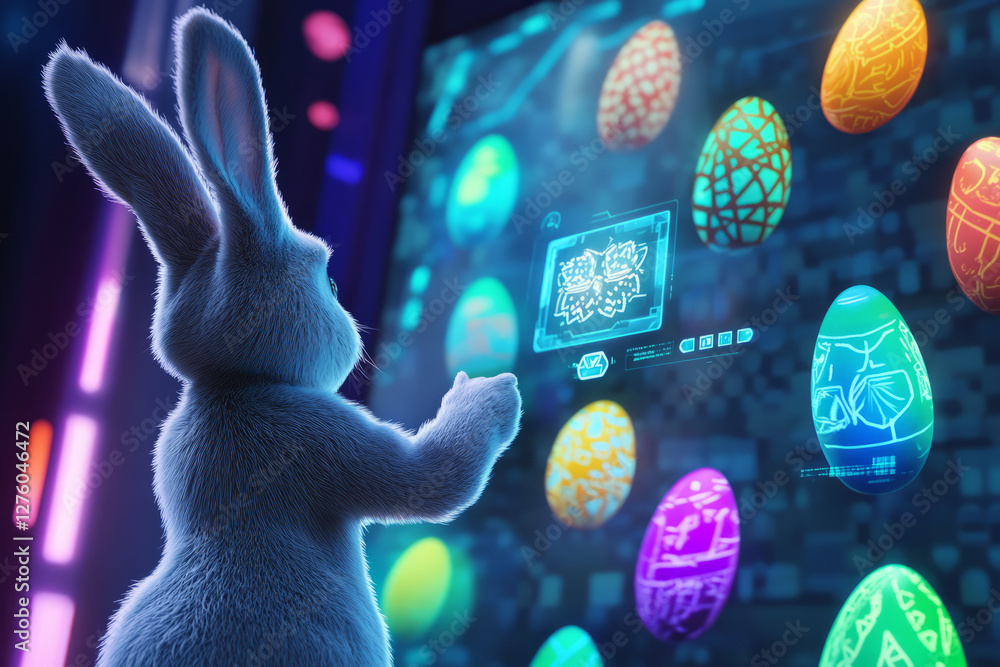 A futuristic Easter Bunny surrounded by holographic Easter eggs, interacting with a floating digital screen displaying colorful egg designs.