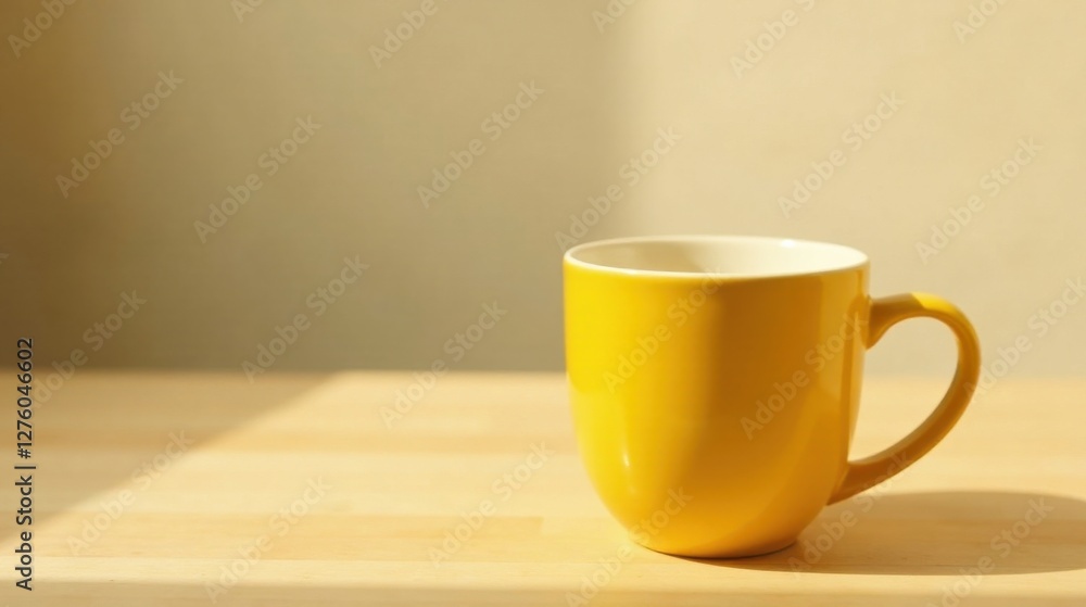 A cheerful yellow mug sits on a light wood surface, bathed in warm sunlight A cheerful yellow mug sits on a light wood surface, bathed in warm sunlight
