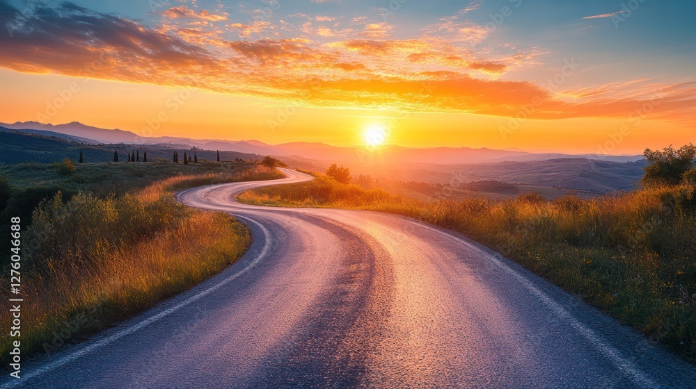 Winding road sunset Tuscan hills travel Winding road sunset Tuscan hills travel