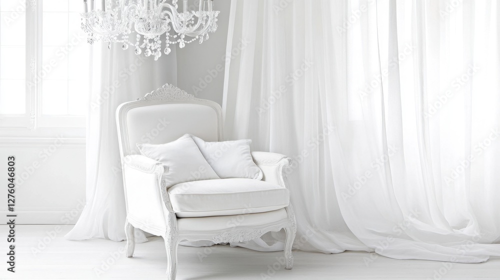 A white chair is sitting in front of a window with white curtains A white chair is sitting in front of a window with white curtains