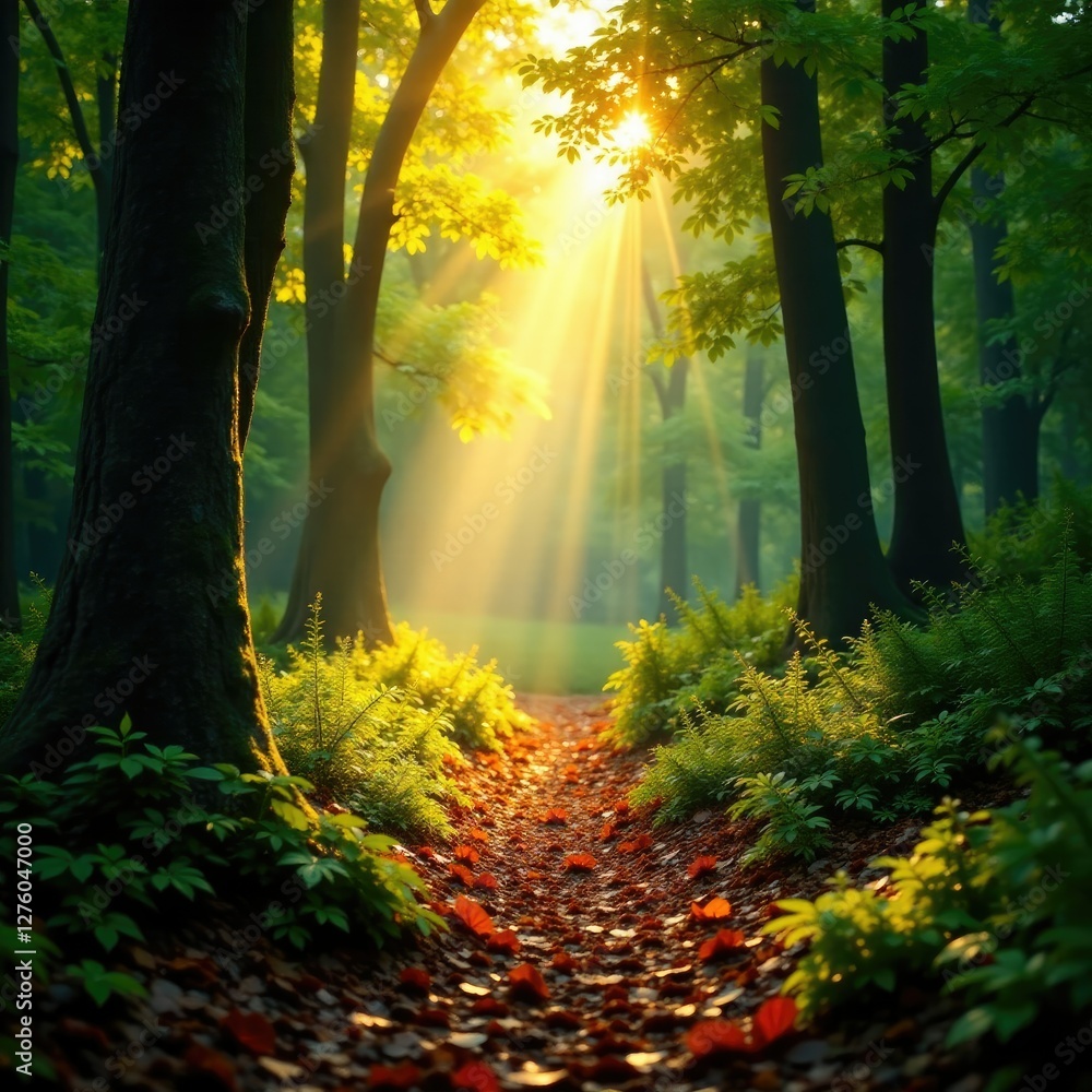 Obraz premium Dappled light filters through the trees, illuminating a carpet of fallen leaves and ferns, woods, earthy tones, dappled light