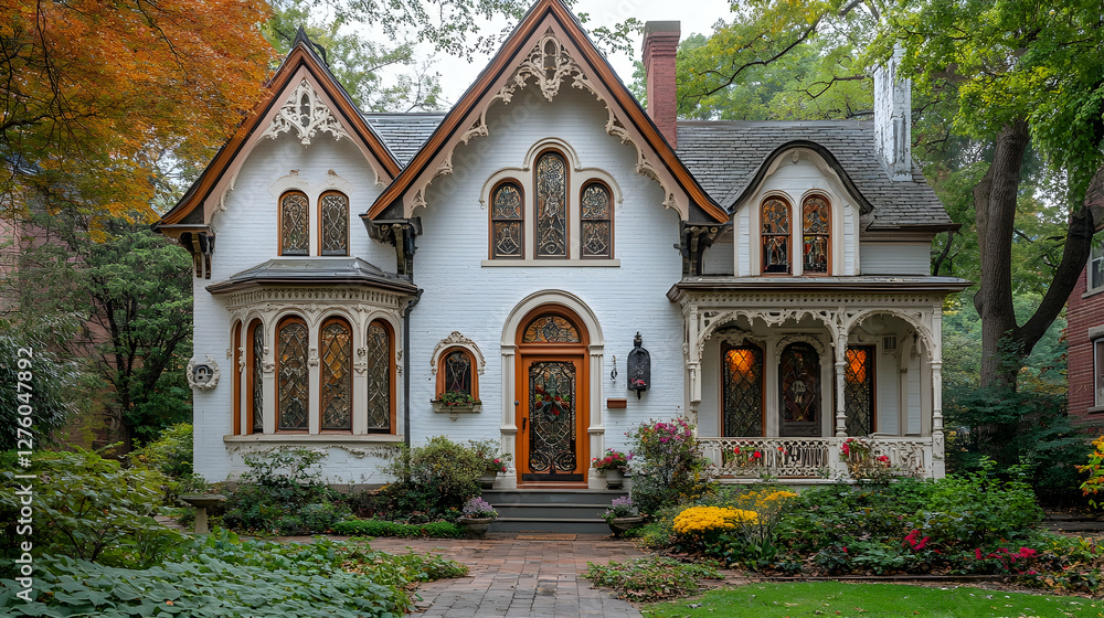 Naklejka premium Victorian house autumn foliage neighborhood real estate