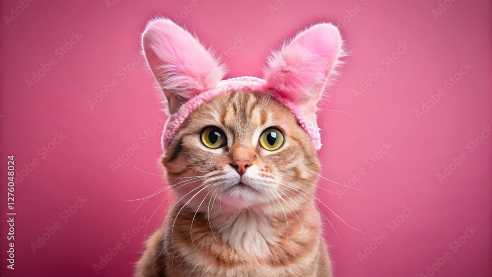 Adorable Cat in Pink Rabbit Ears - Minimalist Pet Photo for Domestic Animal Services Adorable Cat in Pink Rabbit Ears - Minimalist Pet Photo for Domestic Animal Services