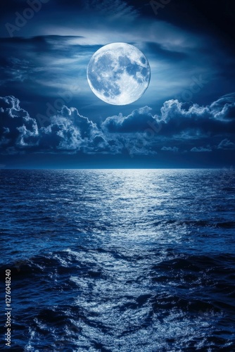Full moon over calm ocean at night; serenity, tranquility, background for travel, meditation