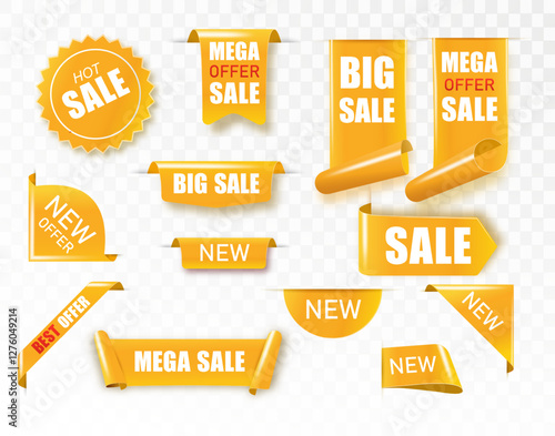 Golden satin ribbon tag. Gold textile label for sale promotion text. Discount and special offer badge. Vector