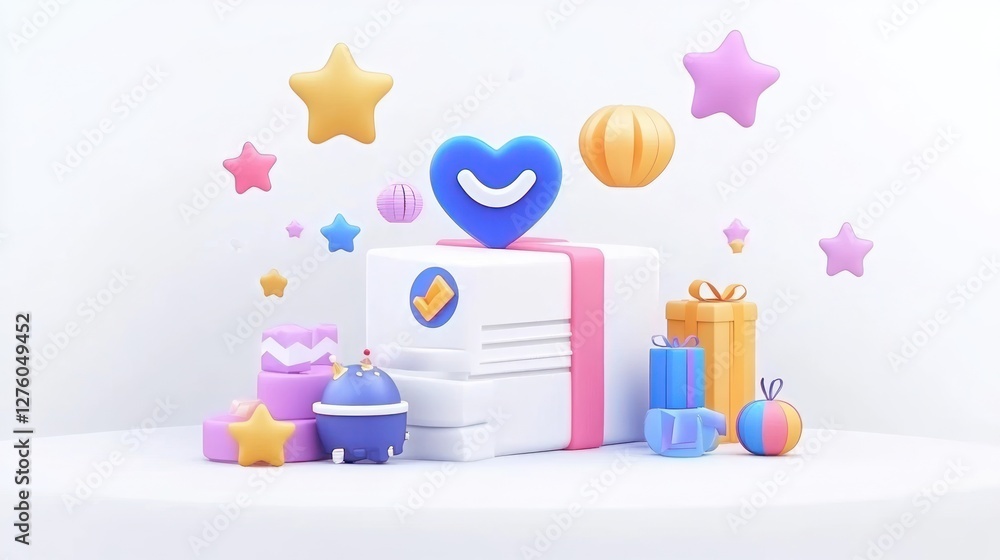 Joyful 3d Gift Box Scene with Stars and Happy Heart Joyful 3d Gift Box Scene with Stars and Happy Heart