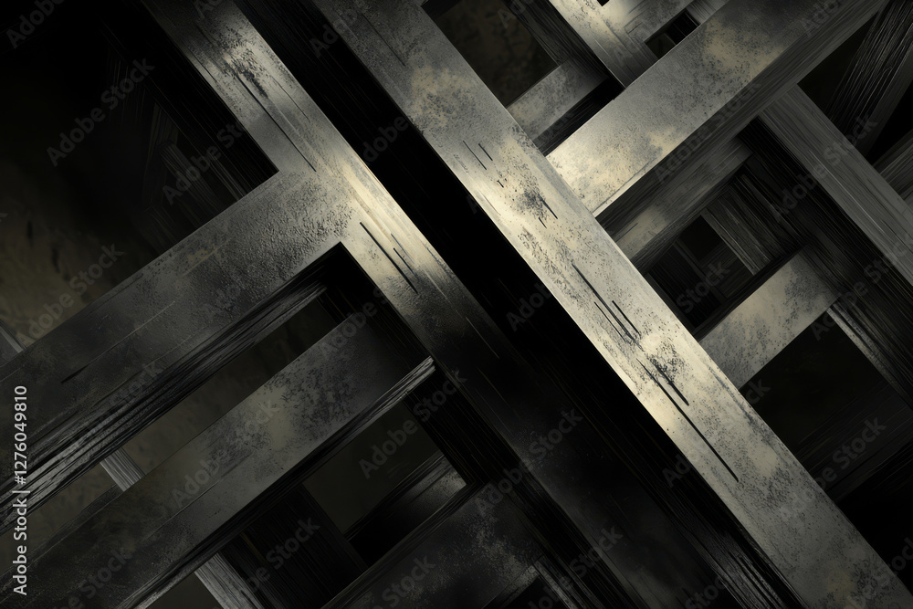 Obraz premium A brutalist digital background with sharp, intersecting metallic beams, dark shading, and a grungy industrial atmosphere.