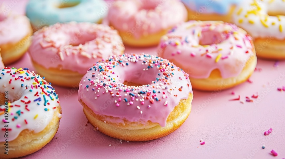 Delicious pink frosted donuts with colorful sprinkles Delicious pink frosted donuts with colorful sprinkles
