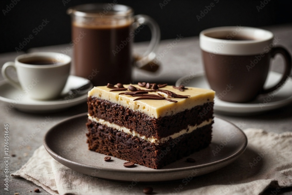 Slice of Chocolate Banana Cake on a Plate Next to a Mug of Aromatic Coffee