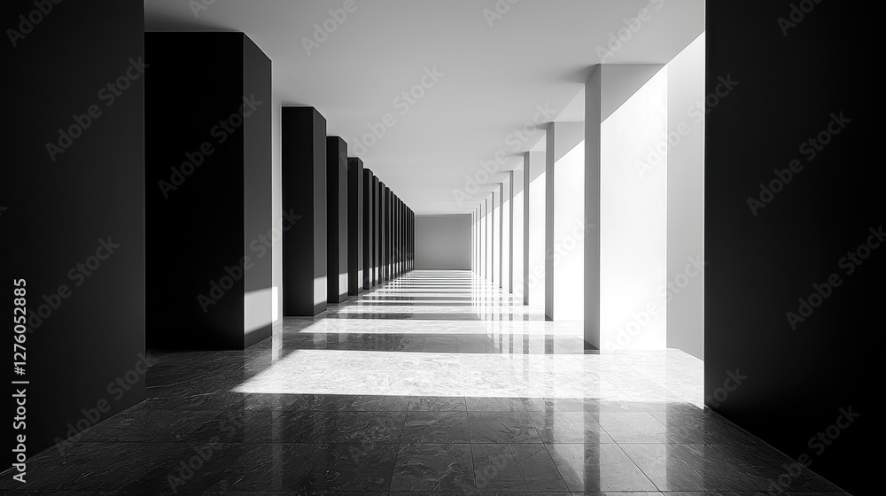Fototapeta premium Exploring an avant-garde monochrome space characterized by high-contrast forms and symmetrical elegance under ambient light