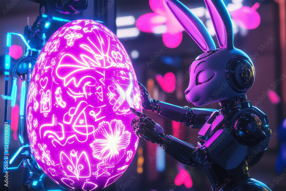 Fototapeta premium A futuristic Easter Bunny with a robotic arm, carefully painting a high-tech holographic Easter egg with glowing neon patterns.