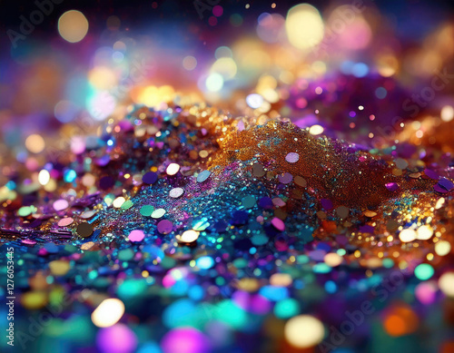 Glitter Particles Magnified – A dazzling display of tiny metallic and iridescent specks photo