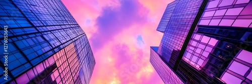 Modern Cityscape at Sunset - Urban architecture, vibrant sunset, glass reflections, upward perspective, modern design. Symbolizing progress, ambition, innovation, beauty, and harmony