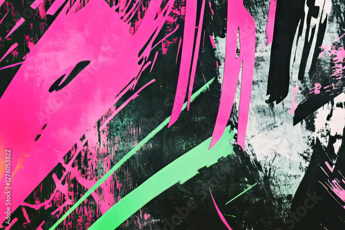 A gritty punk rock risograph background with high-contrast grainy textures, neon pink and green overlays, and rebellious, edgy vibes.