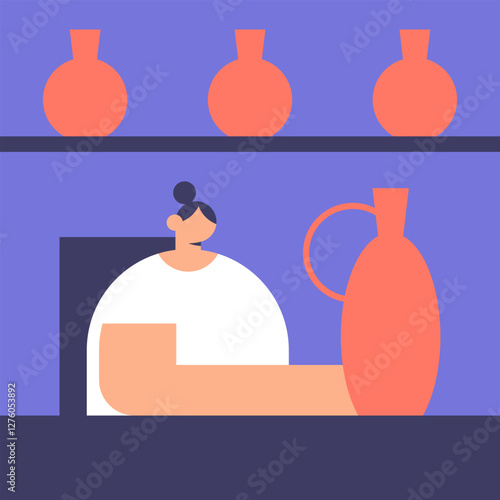 Handmade pottery shop. Ceramic vessels creation. Making pottery on wheel. Сontemporary artisan crafts. Flat vector illustration.