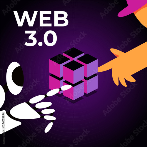 Web 3.0 Technology concepts banner with man and ai robot. Low code platform. Flat Vector illustration with text.