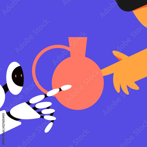 Handmade pottery with human and AI Robot. Ceramic vessels creation. Making pottery on wheel. Сontemporary artisan crafts. Flat vector illustration.