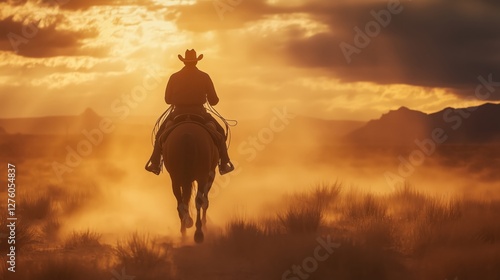 A lone cowboy riding through an endless desert, dust swirling around his horse