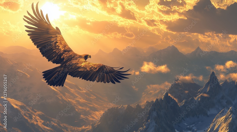 Obraz premium A mighty eagle soaring high above the mountains, wings fully extended against the golden sunrise