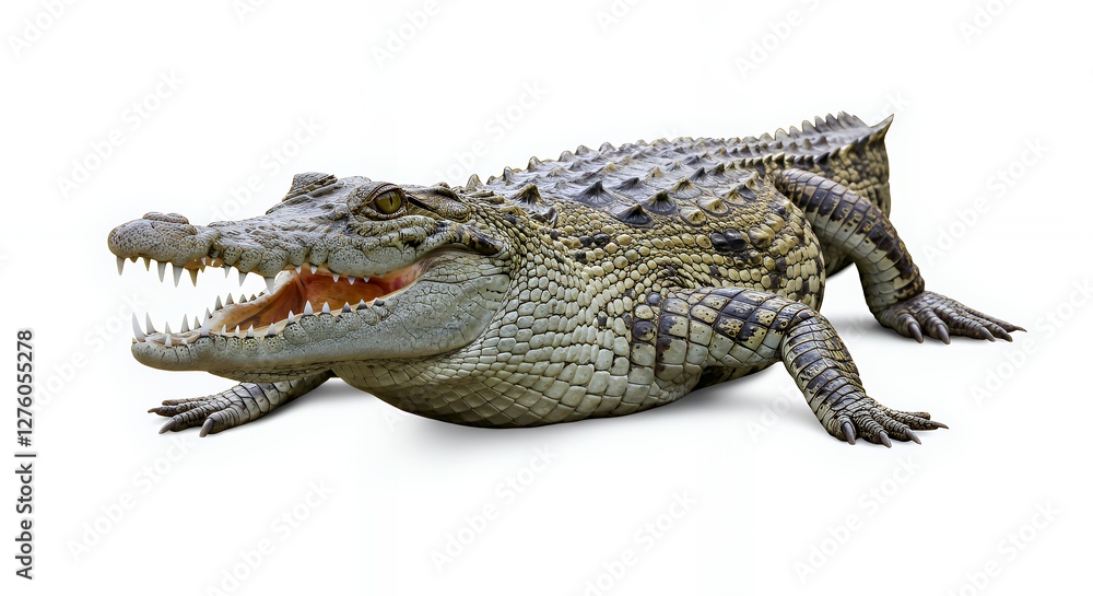 Fototapeta premium Isolated Crocodile with Open Mouth Showing Sharp Teeth on White Background