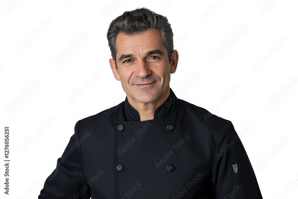 French chef in black double-breasted jacket smiling isolated on transparent white background French chef in black double-breasted jacket smiling isolated on transparent white background