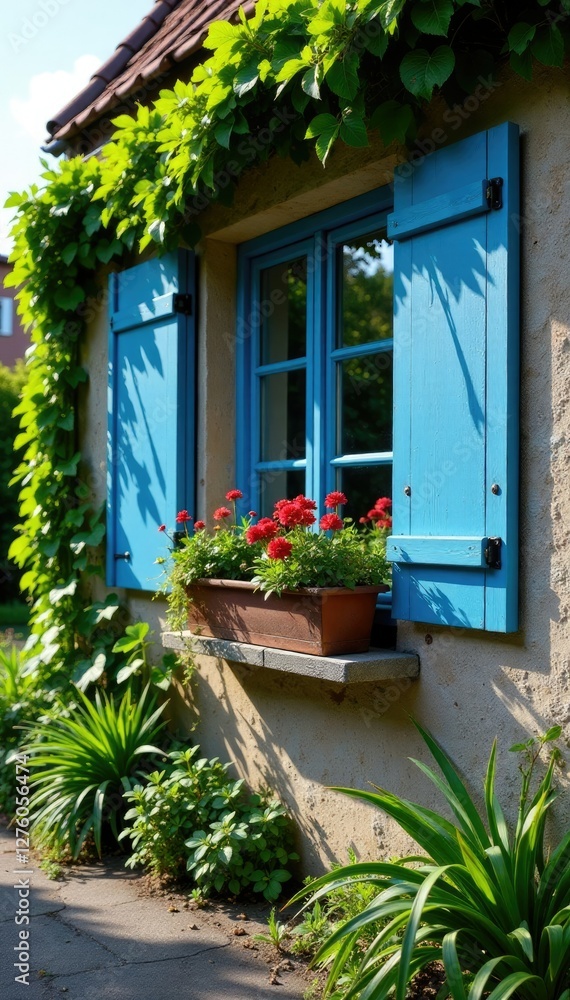 Naklejka premium Hochkletternde Hortensien an der Fassade eines alten Hauses, blau, stein, pflanzen