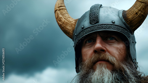 Viking warrior wearing horned helmet, standing against cloudy background, displaying Norse strength and maritime heritage photo