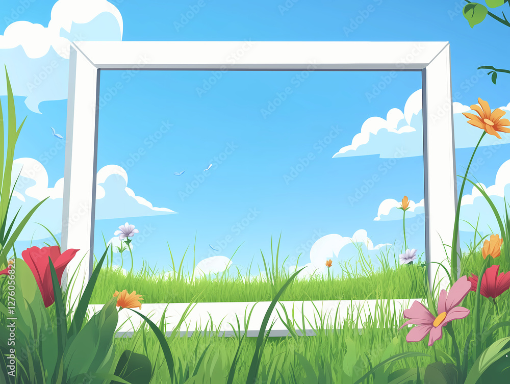 Fototapeta premium Blank photo frame on grass field