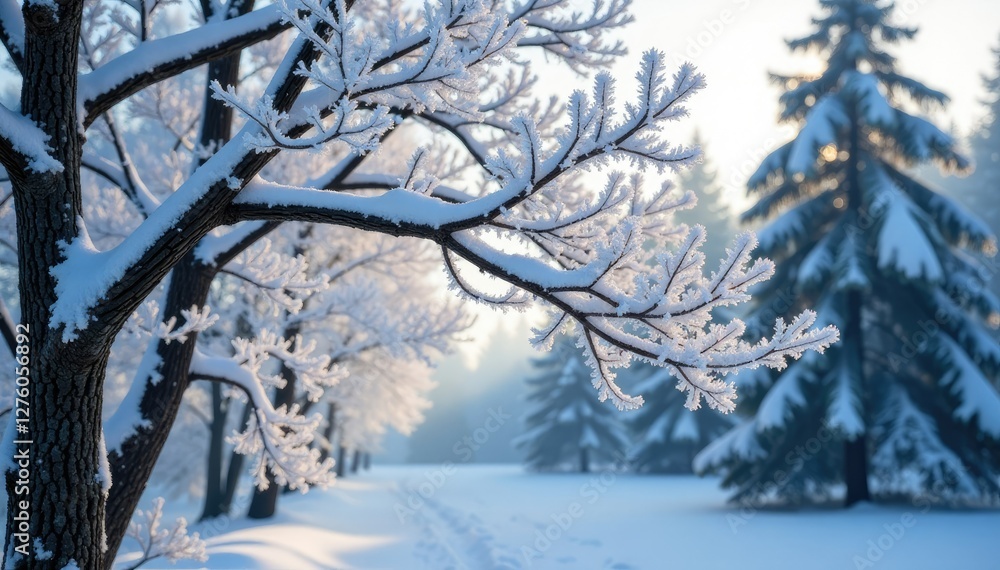 Frosty tree limbs stretch above snowy roof beams, winter landscape, trees Frosty tree limbs stretch above snowy roof beams, winter landscape, trees
