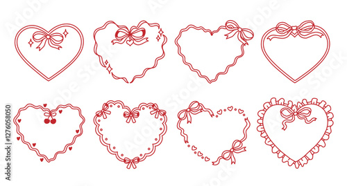 Set of ribbon heart frames decorated coquette pretty charming bows, hearts, stars, cherry, lace. Trendy borders. Vintage elements for greeting cards, wedding, invitations, social media, party