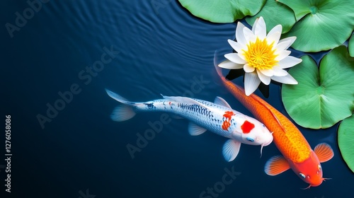 Koi Pond Serenity - Two Koi fish swim gracefully in a serene pond, alongside a beautiful white water lily