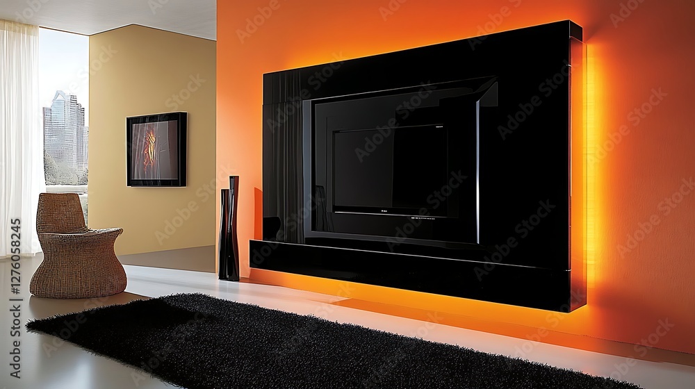 Fototapeta premium Modern TV unit, orange wall, city view