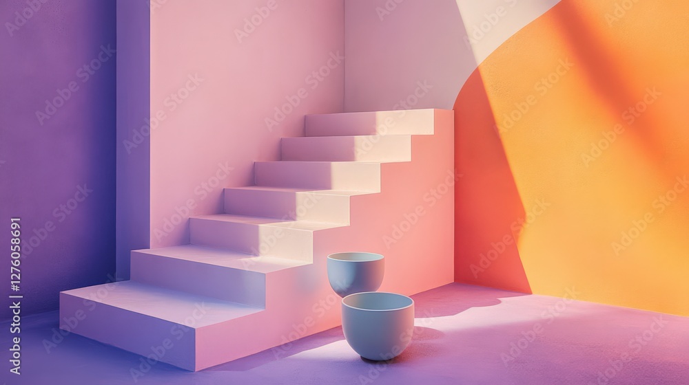 Obraz premium Abstract interior design featuring colorful walls, stairs, and minimalist bowls in soft lighting