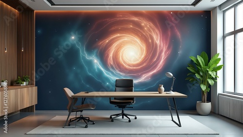 A futuristic office features a nebula-patterned wallpaper, metallic tones, and geometric accents.