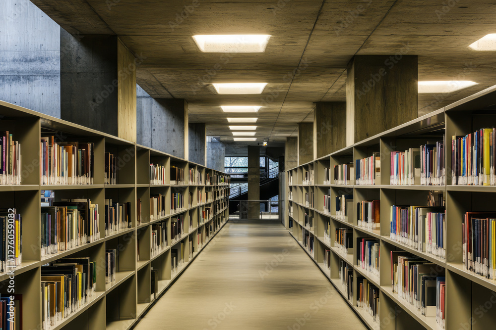 A brutalist library with massive concrete shelves, dim lighting, and a minimalist aesthetic that emphasizes raw architecture and industrial materials. A brutalist library with massive concrete shelves, dim lighting, and a minimalist aesthetic that emphasizes raw architecture and industrial materials.