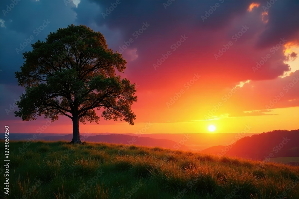 Fototapeta premium Dichte Baumkrone auf dem Horizont w?hrend Sonnenuntergangs mit warmen Farben, trees, sunset
