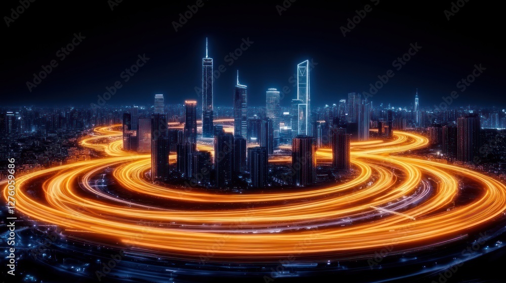 Fototapeta premium Night Cityscape with Dynamic Light Trails and Skyscrapers