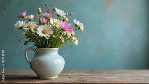 Wallpaper Mural A bouquet of wildflowers rests against a worn, vintage porcelain vase on a rustic wooden table. Torontodigital.ca