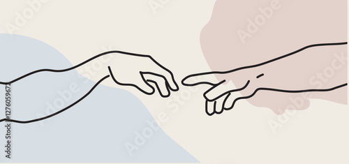 Adam and god the creation of adam famous painting michelangelo renneasince sistine chapel genesis bible motive touching fingers connections flat vector illustration Classical Art Piece modernized