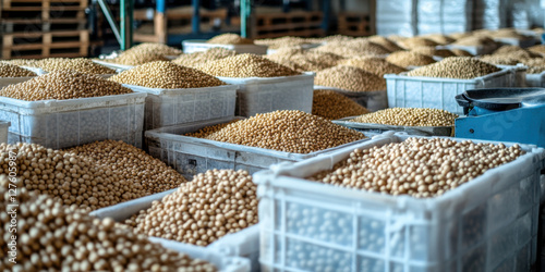 Countless boxes filled with harvested soybeans are neatly organized in a storage facility, illustrating post-harvest processing and storage