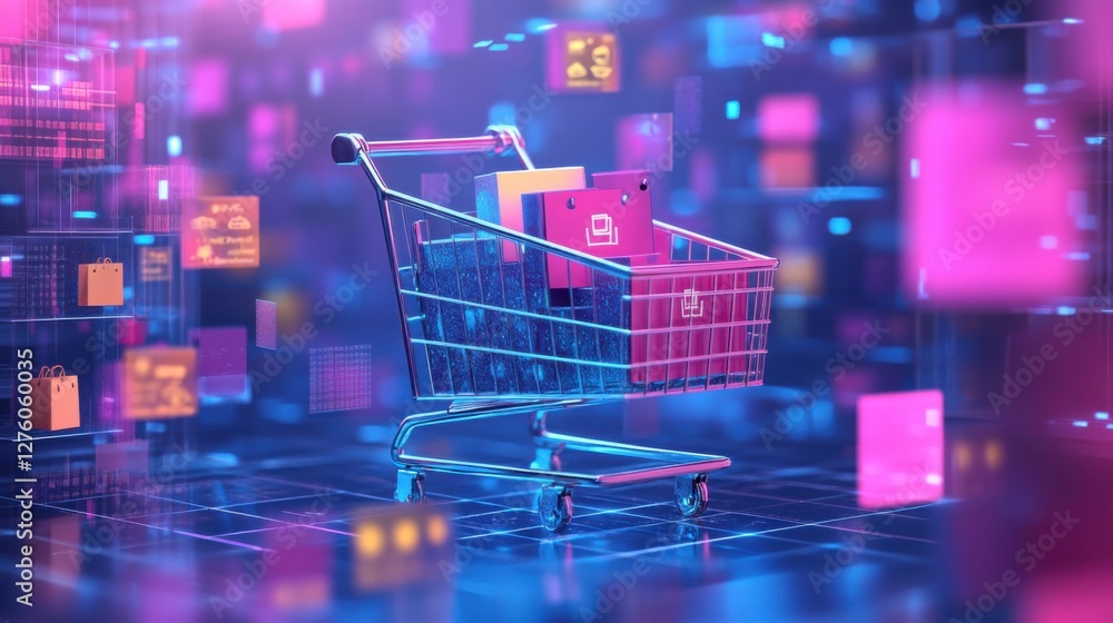 AI-driven e-commerce recommendations, digital illustration, bright magenta and cyber blue, return on investment concept AI-driven e-commerce recommendations, digital illustration, bright magenta and cyber blue, return on investment concept