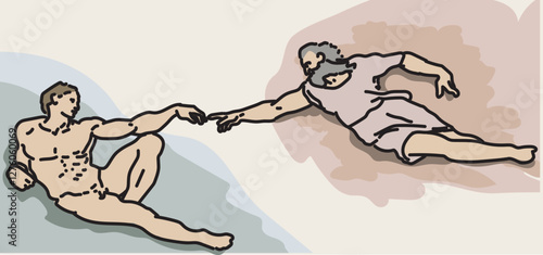 Adam and god the creation of adam famous painting michelangelo renneasince sistine chapel genesis bible motive touching fingers connections flat vector illustration Classical Art Piece modernized