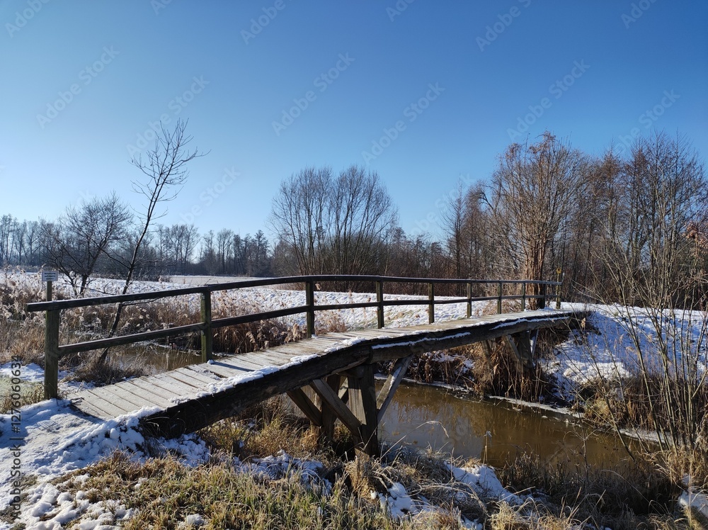 Alte Holzbrücke in winterlicher Spreewald-Landschaft Alte Holzbrücke in winterlicher Spreewald-Landschaft