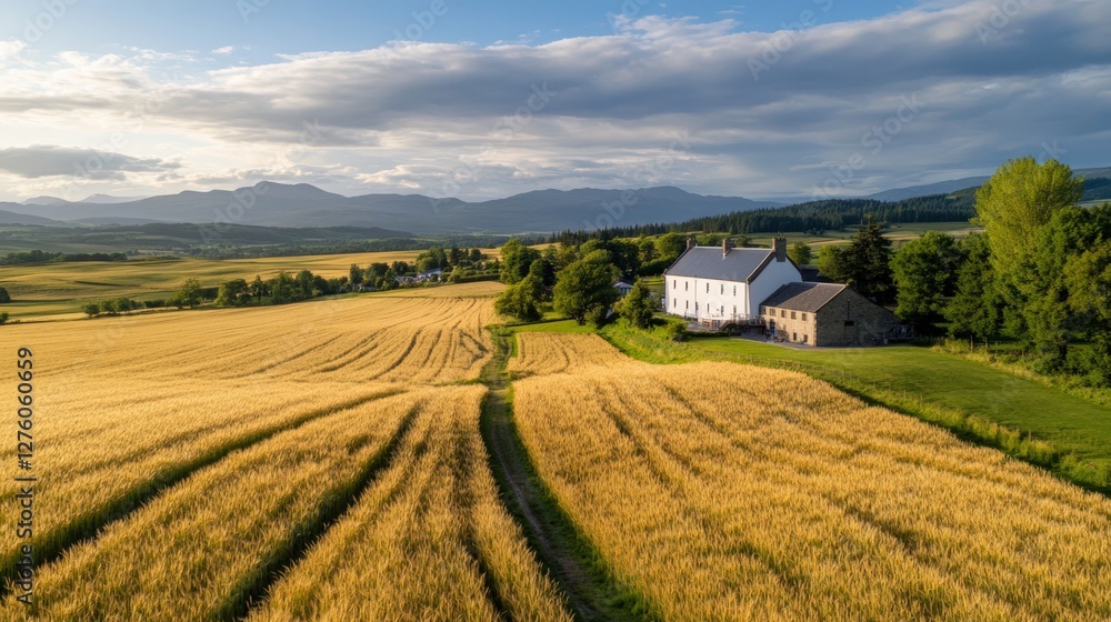 Aerial view of scenic whisky distillery amidst golden wheat fields and rolling hills Aerial view of scenic whisky distillery amidst golden wheat fields and rolling hills