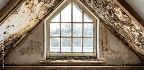An attic window reveals a layer of white, hinting at neglect and the natural deterioration of the space over time