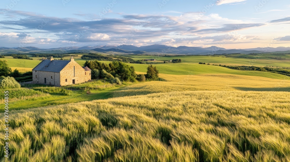 Aerial view of whisky distillery in scenic countryside landscape, ideal for travel and tourism design Aerial view of whisky distillery in scenic countryside landscape, ideal for travel and tourism design