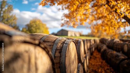 Autumn view of classic speyside distillery with oak barrels and vibrant foliage