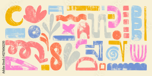 Hand Drawn Grunge Abstract Shapes with Colorful Retro Bold Brush Strokes. Vibrant geometric doodles on a cream background. Playful and modern design drawn with thick lines